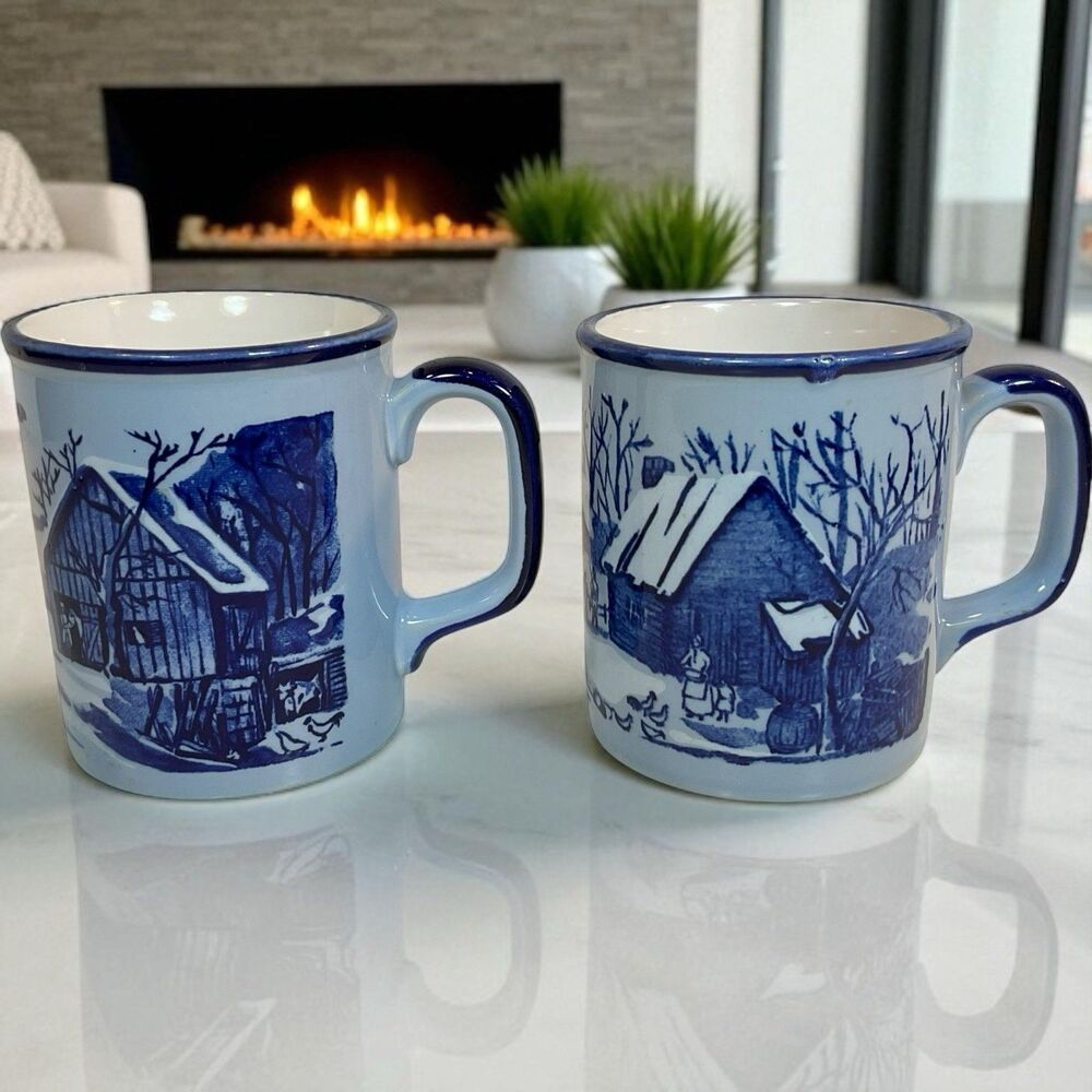 Otigiri Coffee Mugs Winter Scene Barn Cabin Trees Set Of 2 Blue Japan